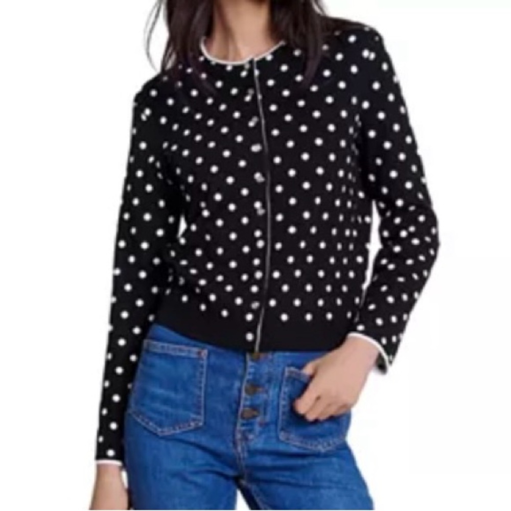Maje-Black/White Polka Dot-Slim Fit-Long Sleeve-Crew-Neck Cardigan-Size S-NWT
